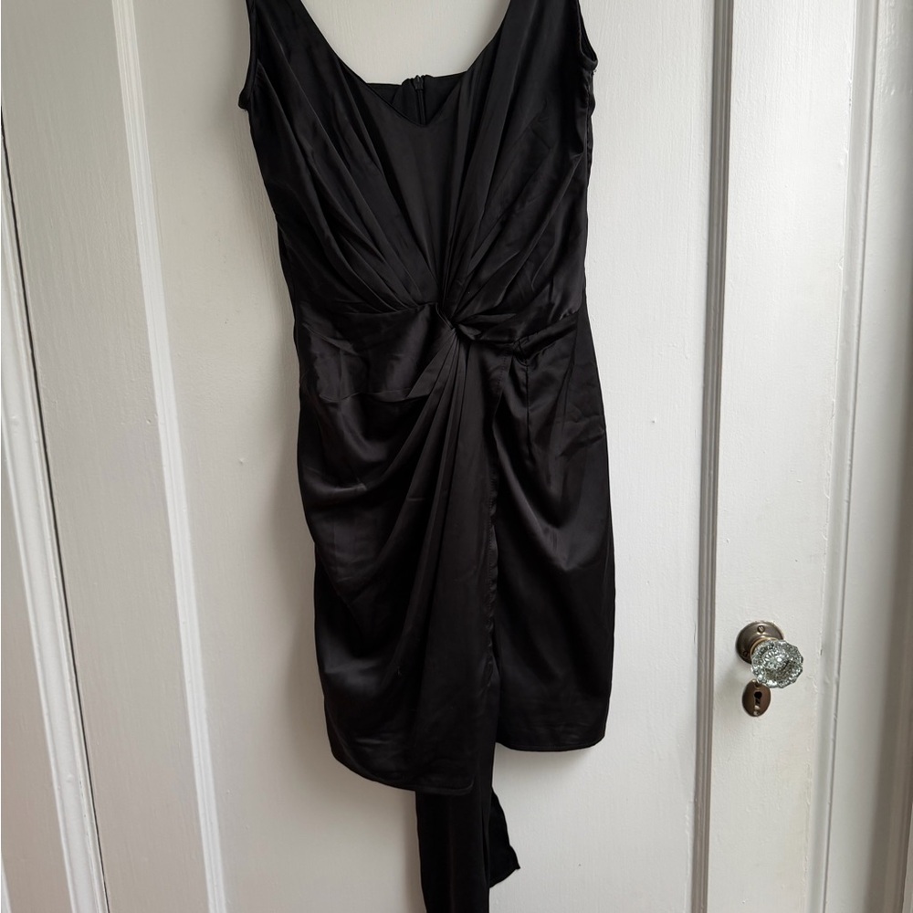 Missguided Black Satin Ruched Mini Dress with Tie Detail, Size US 2